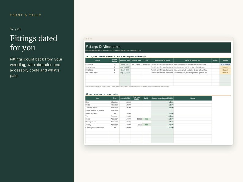 Wedding Dress Shopping Tracker Spreadsheet, Bridal Gown Appointment Planner, Dress Comparison, Alterations and Fittings, Excel Google Sheets image 5