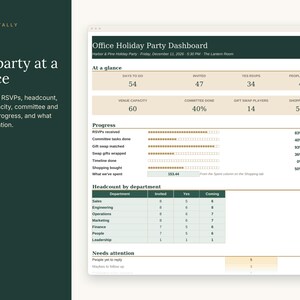Puede incluir: Una plantilla digital de panel de control para fiestas de oficina con secciones para detalles del evento, barras de progreso y recuento por departamento. El dise&ntilde;o incluye encabezados de texto y datos num&eacute;ricos en verde oscuro y beige.