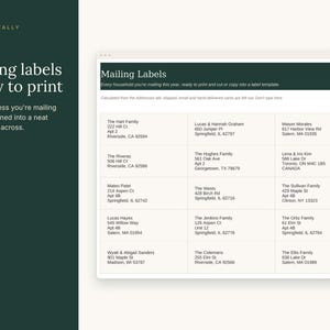 May include: A digital template for mailing labels featuring a grid of fifteen address blocks arranged in three columns. The text reads Toast & Tally, 03/06, Mailing labels ready to print, and Every address you're mailing this year joined into a neat label, three across.