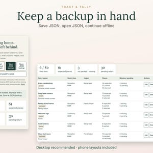 K&ouml;nnte beinhalten: Eine digitale Benutzeroberfl&auml;che f&uuml;r Toast & Tally mit dem Text Keep a backup in hand. Der Bildschirm zeigt ein Dashboard mit Artikelzeilen, erwarteten Teilen, fehlenden Artikeln und ausstehenden R&uuml;ckgaben f&uuml;r Hochzeitsdekoration.