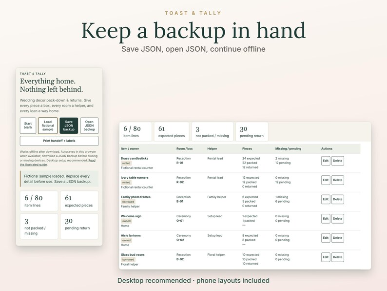 K&ouml;nnte beinhalten: Eine digitale Benutzeroberfl&auml;che f&uuml;r Toast & Tally mit dem Text Keep a backup in hand. Der Bildschirm zeigt ein Dashboard mit Artikelzeilen, erwarteten Teilen, fehlenden Artikeln und ausstehenden R&uuml;ckgaben f&uuml;r Hochzeitsdekoration.