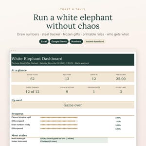May include: A digital White Elephant dashboard template by Toast & Tally for Excel, Google Sheets, and Numbers. The interface displays game statistics including players, gifts, steals, and progress bars for tracking event details.
