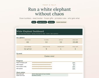 White Elephant Gift Exchange Organizer Spreadsheet, Steal Tracker, Printable Rules and Draw Cards, Yankee Swap Game, Excel Google Sheets