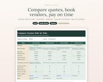 Wedding Vendor Tracker Spreadsheet, Compare Vendor Quotes, Contract and Deposit Tracker, Payment Schedule, Excel Google Sheets