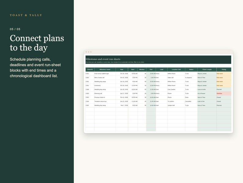 Wedding Planner Business Spreadsheet, Multi Client Organizer, Coordinator Tasks, Vendor Contacts and Event Calendar, Excel Google Sheets image 6