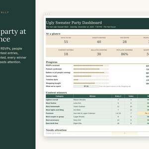 May include: A digital dashboard titled Ugly Sweater Party Dashboard with sections for party statistics, progress bars, and a contest winners table. The layout includes data on RSVPs, guest counts, and spending, presented in a clean, organized grid format.
