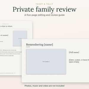 Op de afbeelding: Een vijf-pagina tellende bewerkings- en beoordelingsgids getiteld Private family review door Toast & Tally. Het document bevat sjablonen voor het herdenken van een persoon, inclusief tijdelijke aanduidingen voor namen, data, locaties en foto's.