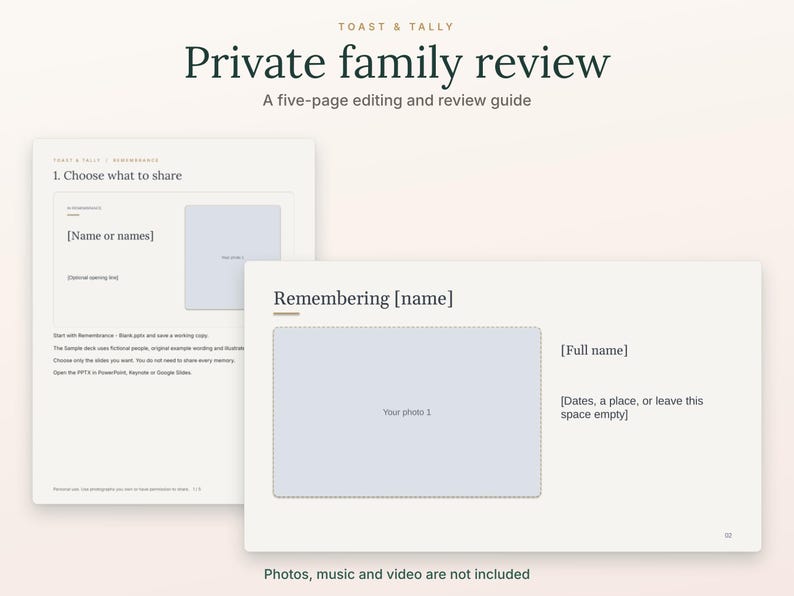 Op de afbeelding: Een vijf-pagina tellende bewerkings- en beoordelingsgids getiteld Private family review door Toast & Tally. Het document bevat sjablonen voor het herdenken van een persoon, inclusief tijdelijke aanduidingen voor namen, data, locaties en foto's.