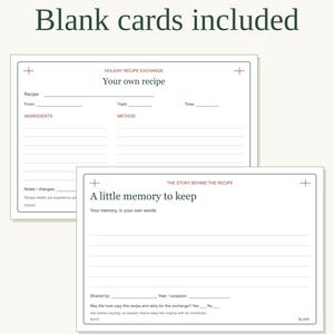 May include: Two rectangular white recipe cards with thin black borders and red plus signs in the corners. The top card is titled Holiday Recipe Exchange and includes fields for ingredients and method. The bottom card is titled A little memory to keep.