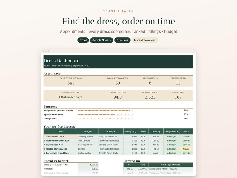 Wedding Dress Shopping Tracker Spreadsheet, Bridal Gown Appointment Planner, Dress Comparison, Alterations and Fittings, Excel Google Sheets image 1