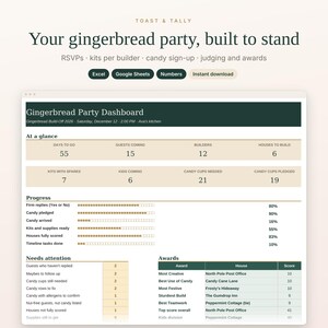 Gingerbread House Party Planner Spreadsheet, Decorating Contest Judging Sheet, Candy Sign Up and Kit List, Excel Google Sheets Template image 1