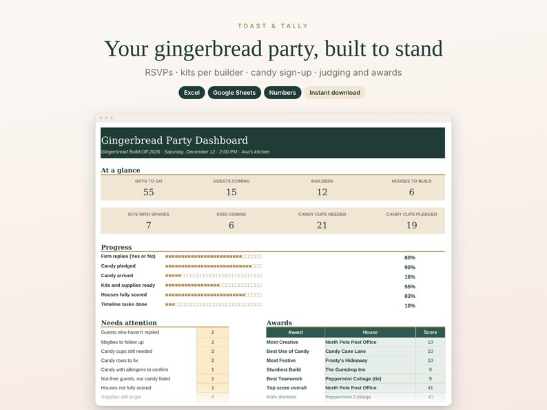 Gingerbread House Party Planner Spreadsheet, Decorating Contest Judging Sheet, Candy Sign Up and Kit List, Excel Google Sheets Template image 1