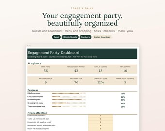 Könnte beinhalten: Eine digitale Dashboard-Vorlage für Verlobungsfeiern mit dem Titel Toast & Tally. Die Benutzeroberfläche zeigt Veranstaltungsmetriken wie verbleibende Tage, Gästezahlen sowie Fortschrittsbalken für RSVPs, Checklisten und Einkaufslisten an.