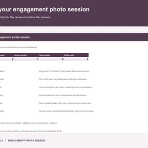 Planificador de sesión fotográfica de compromiso, comparación de ubicaciones y atuendos, lista de prioridades de tomas y cronograma, archivo XLSX editable
