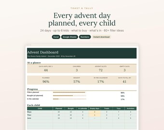 Advent Calendar Filler Planner Spreadsheet, 24 Days of Christmas Ideas for Kids, Countdown Gift Tracker, Excel Google Sheets