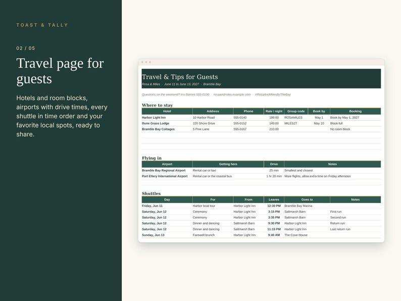 Wedding Weekend Itinerary Template for Guests, Printable Wedding Schedule, Hotel and Shuttle Info, Excel Google Sheets image 3