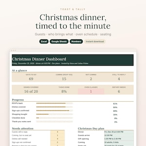 May include: A digital Christmas Dinner Dashboard spreadsheet template by Toast & Tally. The interface includes sections for guest RSVPs, oven schedules, and seating plans, with progress bars and data tables for tracking holiday meal preparations.