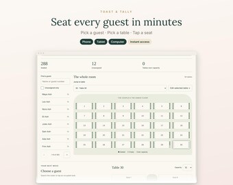 Puede incluir: Una interfaz digital para Toast & Tally que muestra un plano de asientos con el texto Seat every guest in minutes. La pantalla presenta una distribución de sala con mesas numeradas, una lista de invitados y botones de navegación.