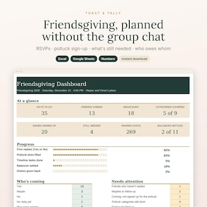 May include: A digital Friendsgiving dashboard template by Toast & Tally featuring sections for RSVPs, potluck sign-ups, and shared costs. The interface displays metrics like headcount, dishes needed, and progress bars for planning tasks.