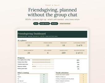 Friendsgiving Planner Spreadsheet, Potluck Sign Up Sheet, RSVP List and Shared Cost Splitter, Excel and Google Sheets Template