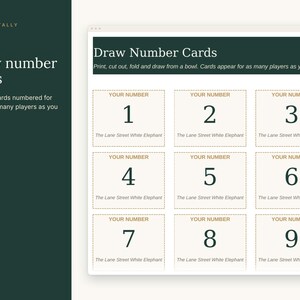 May include: A printable sheet of nine square cards with dashed borders, each featuring the text 'YOUR NUMBER', a large digit from 1 to 9, and the phrase 'The Lane Street White Elephant' in dark green text on a light cream background.