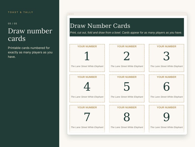 May include: A printable sheet of nine square cards with dashed borders, each featuring the text 'YOUR NUMBER', a large digit from 1 to 9, and the phrase 'The Lane Street White Elephant' in dark green text on a light cream background.