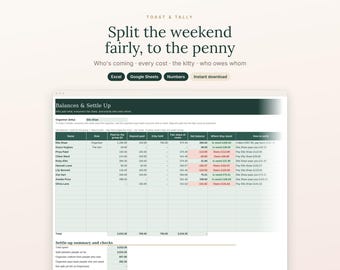 May include: A digital spreadsheet template titled Toast & Tally, designed to split weekend costs. The interface features a Balances & Settle Up table with columns for names, roles, deposits, and net balances, using green and red color coding.