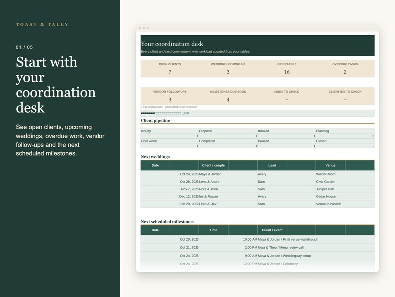 Wedding Planner Business Spreadsheet, Multi Client Organizer, Coordinator Tasks, Vendor Contacts and Event Calendar, Excel Google Sheets image 2