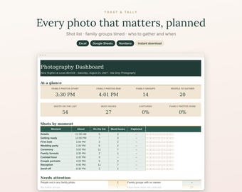 Wedding Photography Shot List Spreadsheet, Family Formals Photo List, Wedding Photo Checklist, Excel Google Sheets