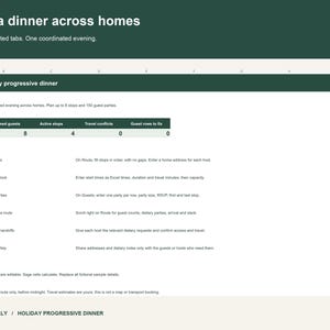 Planificador de cenas festivas progresivas, coordinador de cenas con varios anfitriones, hoja de cálculo para confirmar asistencia y horarios de los platos, archivo XLSX editable