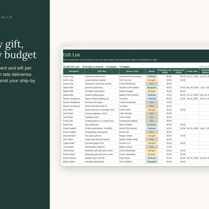 May include: A digital gift list spreadsheet template titled Toast & Tally. The table includes columns for recipient, gift idea, store, status, planned cost, actual cost, order date, expected delivery, and flag for tracking holiday shopping.