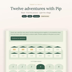 May include: A digital interface titled Twelve adventures with Pip featuring the text Read Find the picture Light the village. It includes buttons for Phone, Tablet, Computer, and Instant access, plus a progress tracker showing 3 of 12 lights restored with a grid of house icons and numbered navigation buttons.