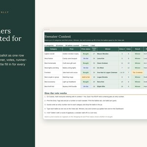 May include: A digital spreadsheet template titled Sweater Contest with columns for category, prize, prize status, votes cast, winner, entry number, votes, result, and runner-up. The interface includes instructions on how the vote works and a summary.