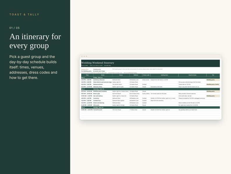 Wedding Weekend Itinerary Template for Guests, Printable Wedding Schedule, Hotel and Shuttle Info, Excel Google Sheets image 2