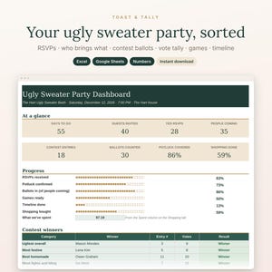May include: A digital dashboard for an ugly sweater party titled Toast & Tally. The interface displays event metrics including RSVP counts, contest entries, and progress bars for planning tasks, with options for Excel, Google Sheets, and Numbers.