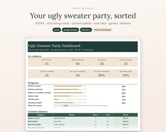 Ugly Sweater Party Planner Spreadsheet, Contest Ballots and Vote Tally, Christmas Party RSVP and Potluck Sign Up, Excel Google Sheets