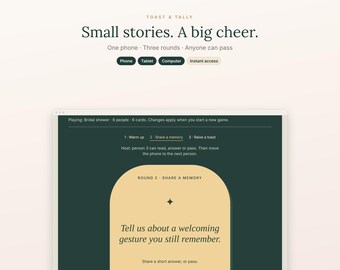 Puede incluir: Una interfaz digital para el juego Toast & Tally, con el texto Small stories. A big cheer. La pantalla muestra instrucciones del juego, incluyendo Round 2 - Share a memory, con la consigna: Tell us about a welcoming gesture you still remember.