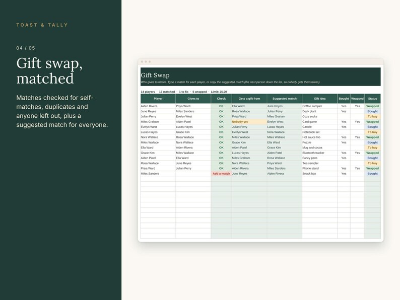 Puede incluir: Una hoja de c&aacute;lculo digital titulada Gift Swap mostrada en una pantalla, con columnas para nombres de jugadores, asignaciones de regalos y actualizaciones de estado. La interfaz utiliza un esquema de color verde oscuro y claro.