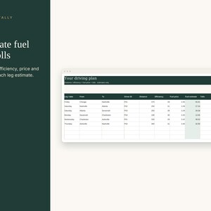 May include: A digital interface titled Toast & Tally displaying a driving plan spreadsheet. The dark green sidebar features the text Estimate fuel and tolls. The table includes columns for log date, locations, driver ID, distance, efficiency, fuel price, fuel estimate, tolls, and leg estimate.