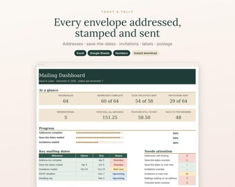 Wedding Address List Spreadsheet, Save the Date and Invitation Tracker, Envelope Labels and Postage Calculator, Excel Google Sheets