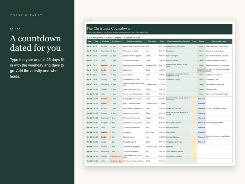 Julkalender för barn, önskelista, brev till jultomten, idéer till adventskalender, nedräkning, julklappar, Excel Google Sheets bild 4
