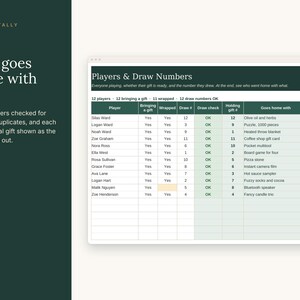 May include: A digital spreadsheet titled Players & Draw Numbers with a dark green header. The table tracks 12 players, their gift status, draw numbers, and final items including olive oil, puzzles, and blankets, organized in a grid format.