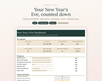 New Years Eve Party Planner Spreadsheet, NYE Guest List and RSVP Tracker, Countdown to Midnight Schedule, Excel and Google Sheets