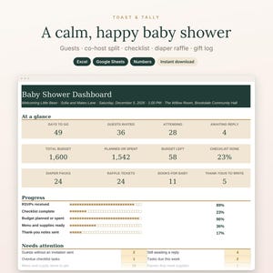 May include: A digital baby shower planning dashboard template titled Toast & Tally A calm, happy baby shower. The interface includes sections for guests, checklist, diaper raffle, and gift log, with compatibility for Excel, Google Sheets, and Numbers.