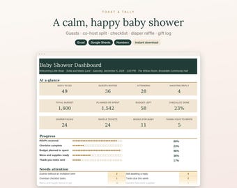 May include: A digital baby shower planning dashboard template titled Toast & Tally A calm, happy baby shower. The interface includes sections for guests, checklist, diaper raffle, and gift log, with compatibility for Excel, Google Sheets, and Numbers.
