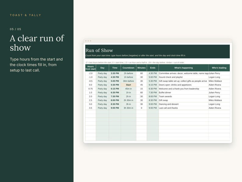 Puede incluir: Una plantilla de hoja de c&aacute;lculo digital para el desarrollo de un evento con columnas para horas desde el inicio, d&iacute;a, hora, cuenta atr&aacute;s, minutos, fin, actividades y responsables. Interfaz en color verde oscuro y blanco.