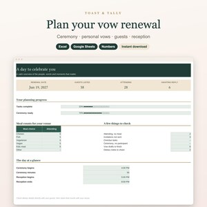 Vow Renewal Planner Spreadsheet, Anniversary Ceremony Order, Personal Vows, Guest RSVP List and Reception Timeline, Excel Google Sheets