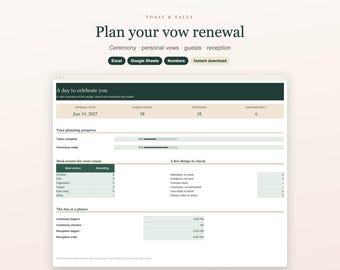 Vow Renewal Planner Spreadsheet, Anniversary Ceremony Order, Personal Vows, Guest RSVP List and Reception Timeline, Excel Google Sheets