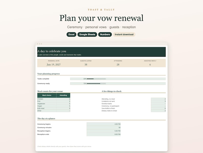 May include: A digital vow renewal planner template titled Toast & Tally. The interface features sections for planning progress, meal counts, and a day-at-a-glance schedule. It includes compatibility labels for Excel, Google Sheets, and Numbers software.