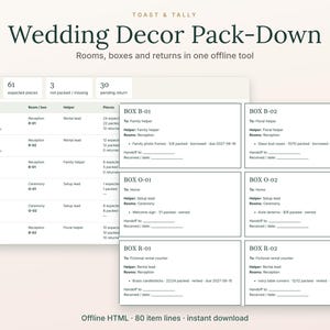 K&ouml;nnte beinhalten: Ein digitales Organisationstool mit dem Titel Wedding Decor Pack-Down, das eine Tabelle mit Artikellisten, erwarteten St&uuml;ckzahlen und Fehlmengen sowie sechs druckbare Etiketten f&uuml;r Boxen B-01, B-02, O-01, O-02, R-01 und R-02 enth&auml;lt.